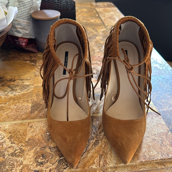 Zara brown suede fringe heels 38 - Picture 2 of 5